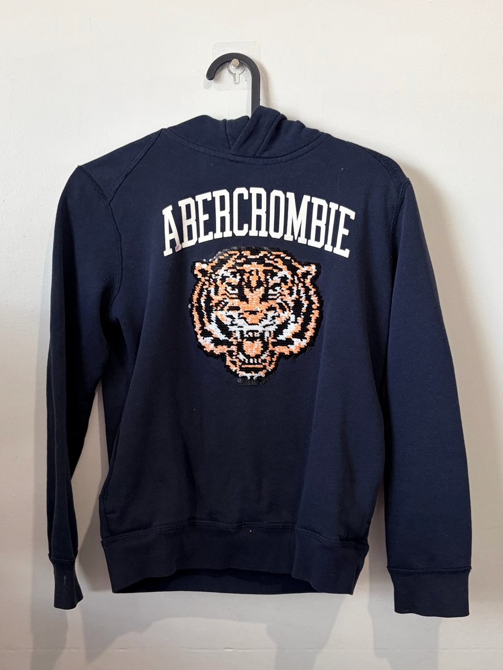 Abercrombie Kids Navy Blue Flip Sequin Tiger Graphic Hoodie Sweatshirt 7 8
